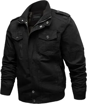 JEsilunmaMY Men's Loose Outdoor Cotton Military Jacket Stand Collar Multi-Pocket Cargo Coat Casual Bomber Jacket Windbreaker