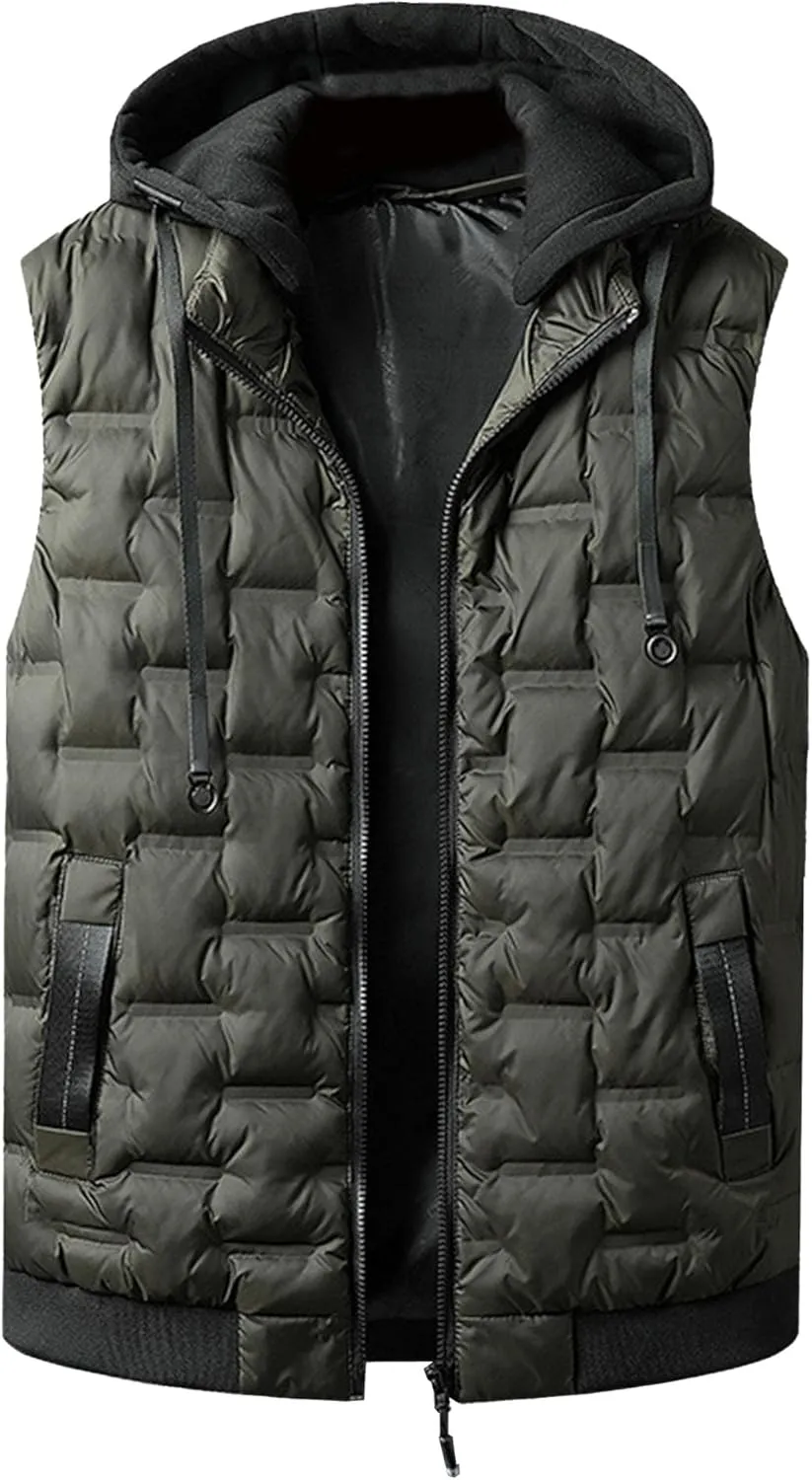 JEsilunmaMY Men's Quilted Puffer Vest with Detachable Hood Sleeveless Warm Winter Down Vest Casual Knit Padded Vest Coats