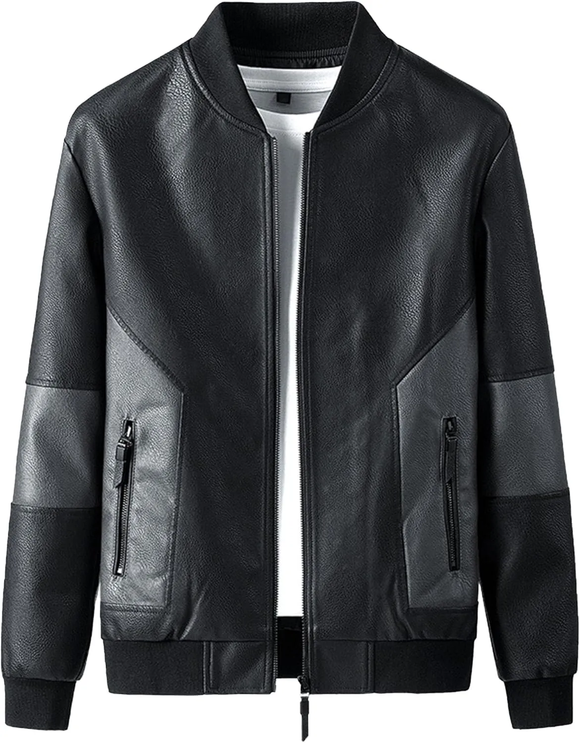JEsilunmaMY Men's Slim Mock Neck Leather Jacket Zip Up Casual Baseball Bomber Jacket Fall Winter Motorcycle Windbreaker