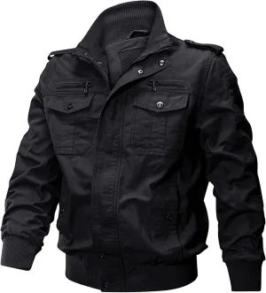 JEsilunmaMY Men's Winter Cotton Military Jacket Multi Pockets Stand Collar Cotton Cargo Coat Lightweight Field Jacket Outwear