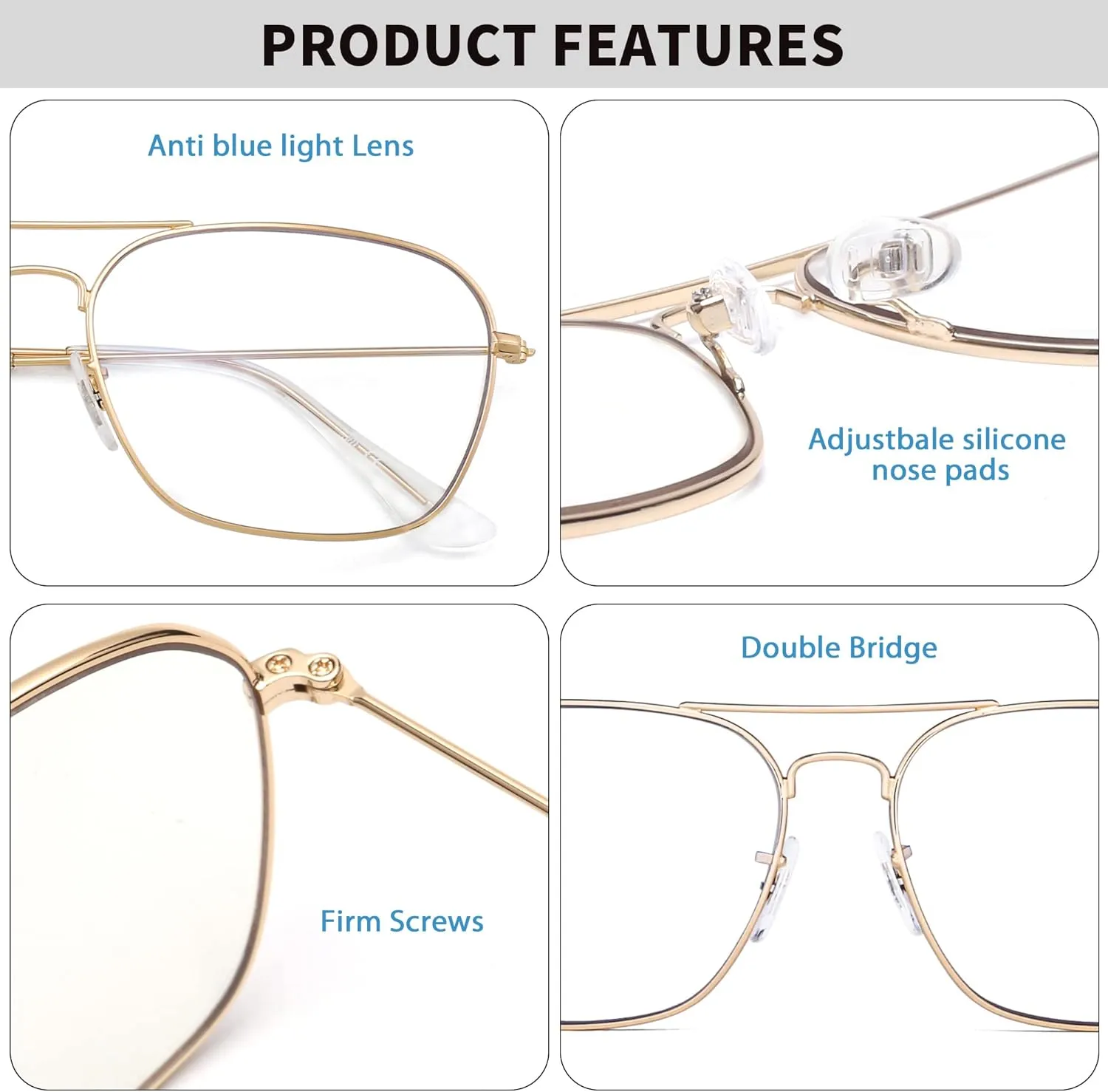 JM Aviator Blue Light Blocking Computer Glasses, Square Eye Protect Video Eyeglasses Anti Glare Men Women