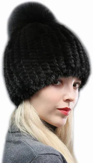 Knitted Hat Mink Hair Cap with Fox Hair Ball Pompom Elastic Women Winter Warm