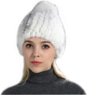 Knitted Hat Mink Hair Cap with Fox Hair Ball Pompom Elastic Women Winter Warm