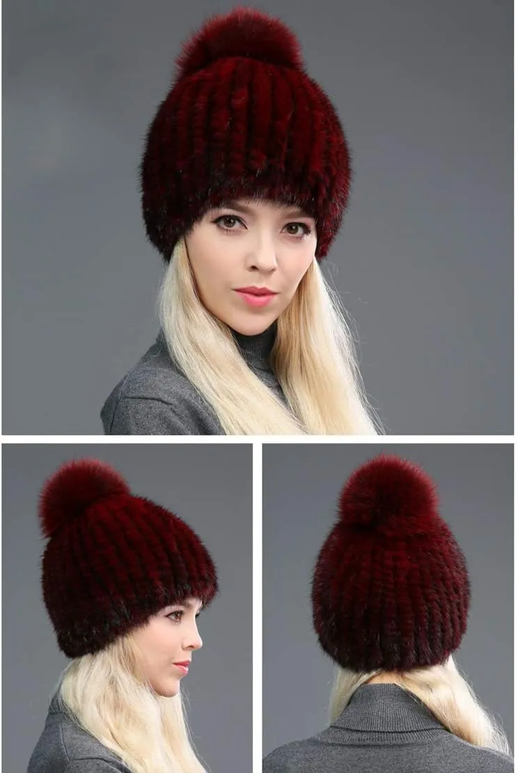 Knitted Hat Mink Hair Cap with Fox Hair Ball Pompom Elastic Women Winter Warm