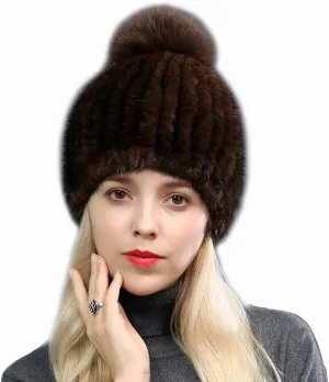 Knitted Hat Mink Hair Cap with Fox Hair Ball Pompom Elastic Women Winter Warm