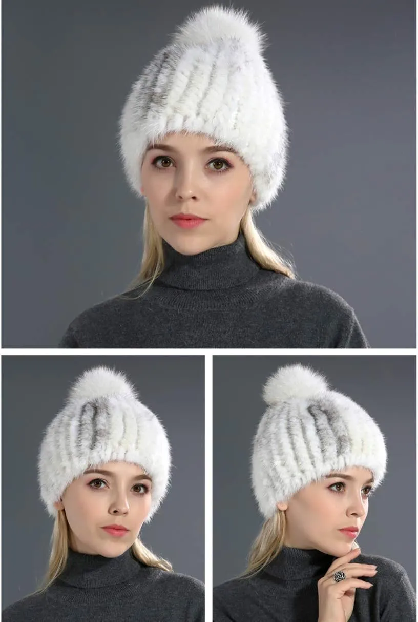 Knitted Hat Mink Hair Cap with Fox Hair Ball Pompom Elastic Women Winter Warm
