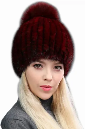 Knitted Hat Mink Hair Cap with Fox Hair Ball Pompom Elastic Women Winter Warm