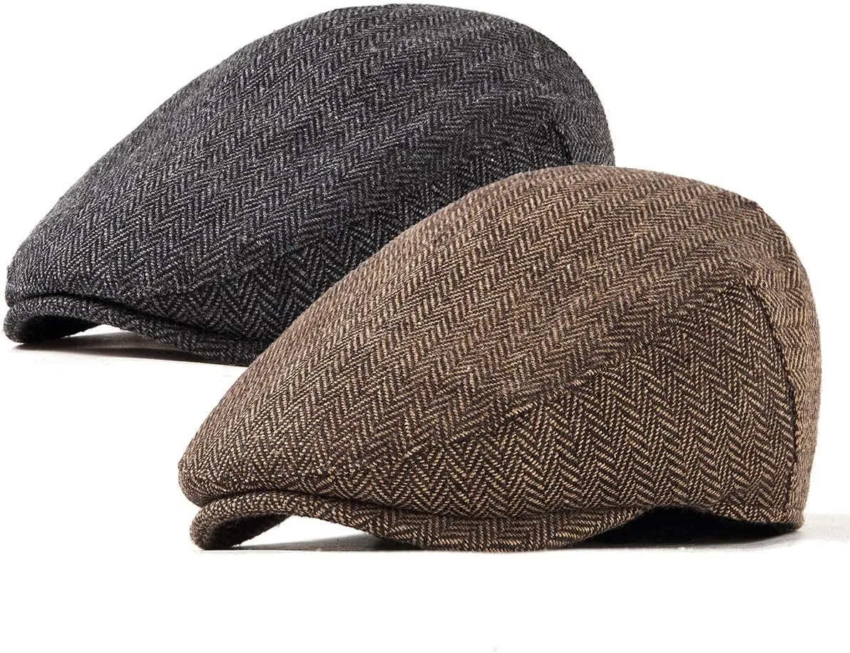 LADYBRO 2Pack Adjustable Newsboy Hats for Men Flat Cap Irish Cabbie Wool Blend Tweed