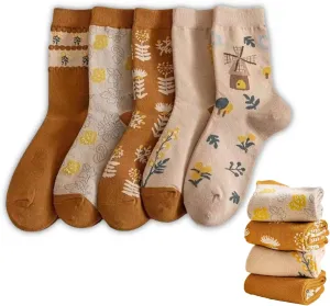 LilRoot Yellow Floral Socks for Women Cute Flower Patterned Vintage Aesthetic Cotton Crew Socks Novelty Casual Socks for Girls Korean Trends- 5 pairs