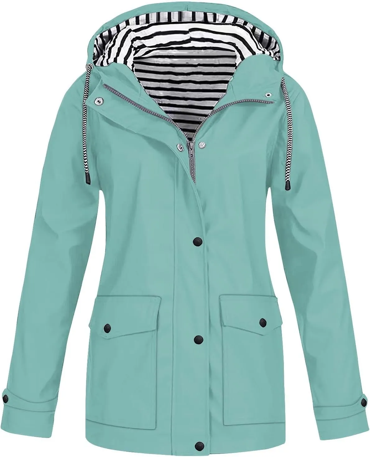 Lmdudan 2024 Fashion Striped Raincoat Hoodie for Women Lightweight Hooded Jacket Outdoor Windproof Windbreaker with Pockets