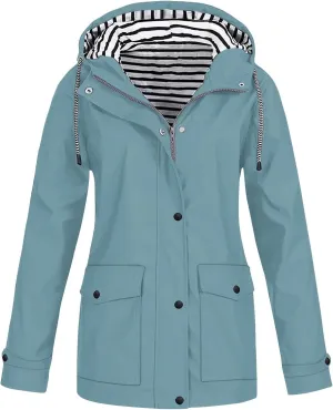 Lmdudan 2024 Fashion Striped Raincoat Hoodie for Women Lightweight Hooded Jacket Outdoor Windproof Windbreaker with Pockets