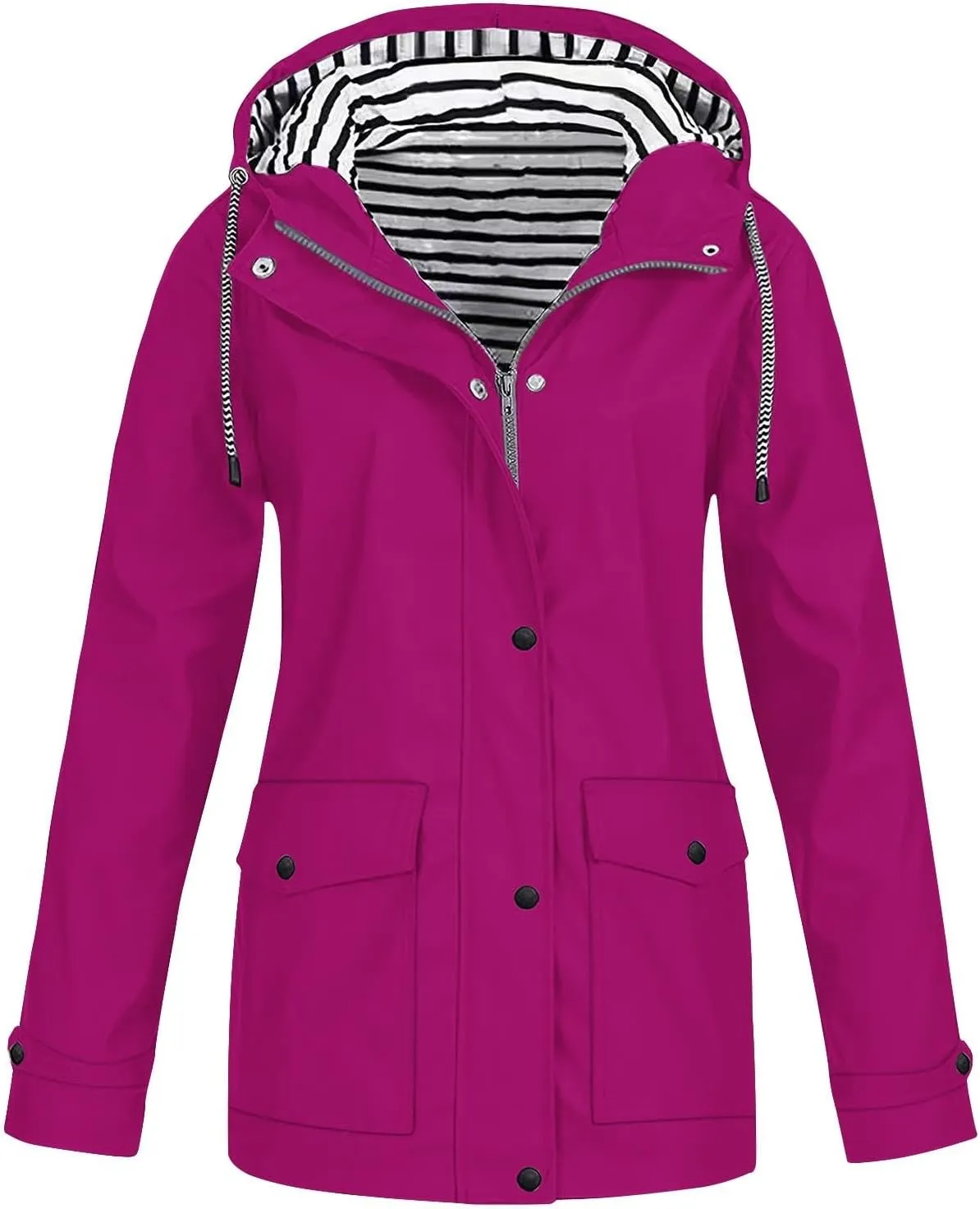 Lmdudan 2024 Fashion Striped Raincoat Hoodie for Women Lightweight Hooded Jacket Outdoor Windproof Windbreaker with Pockets