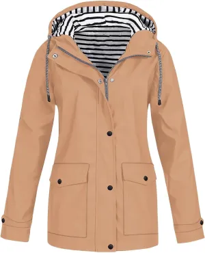 Lmdudan 2024 Fashion Striped Raincoat Hoodie for Women Lightweight Hooded Jacket Outdoor Windproof Windbreaker with Pockets