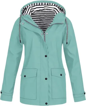 Lmdudan 2024 Fashion Striped Raincoat Hoodie for Women Lightweight Hooded Jacket Outdoor Windproof Windbreaker with Pockets