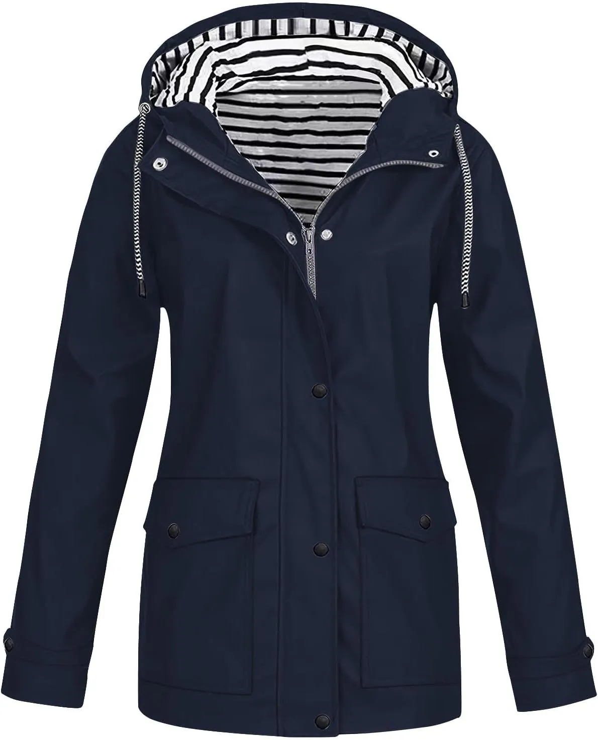 Lmdudan 2024 Fashion Striped Raincoat Hoodie for Women Lightweight Hooded Jacket Outdoor Windproof Windbreaker with Pockets