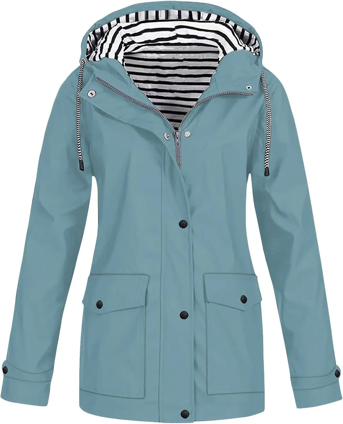 Lmdudan 2024 Fashion Striped Raincoat Hoodie for Women Lightweight Hooded Jacket Outdoor Windproof Windbreaker with Pockets