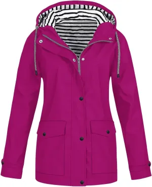 Lmdudan 2024 Fashion Striped Raincoat Hoodie for Women Lightweight Hooded Jacket Outdoor Windproof Windbreaker with Pockets