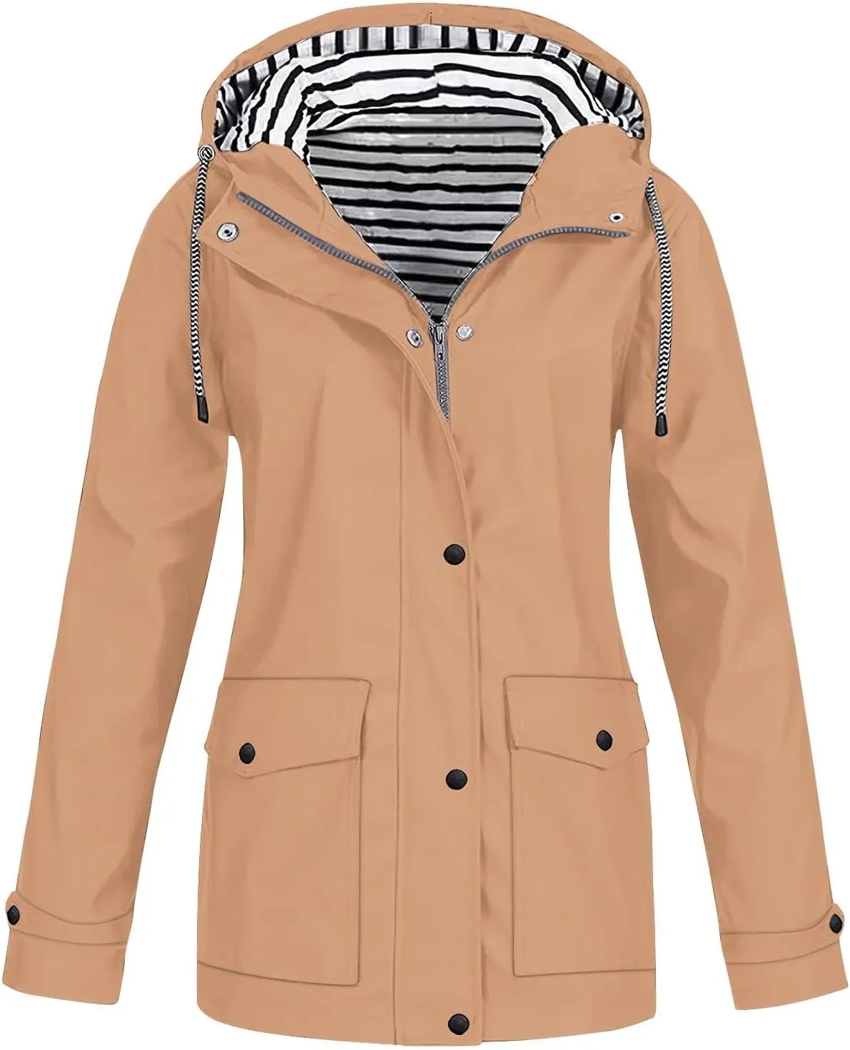 Lmdudan 2024 Fashion Striped Raincoat Hoodie for Women Lightweight Hooded Jacket Outdoor Windproof Windbreaker with Pockets