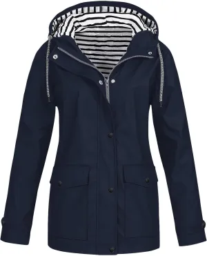 Lmdudan 2024 Fashion Striped Raincoat Hoodie for Women Lightweight Hooded Jacket Outdoor Windproof Windbreaker with Pockets