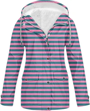 Lmdudan Rain Jacket for Women Plus Size Waterproof Outdoor Hooded Rain Coat Full Zip Travel Striped Fleece Lined Windbreaker