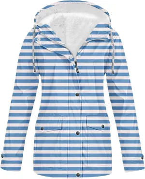 Lmdudan Rain Jacket for Women Plus Size Waterproof Outdoor Hooded Rain Coat Full Zip Travel Striped Fleece Lined Windbreaker