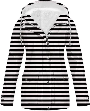 Lmdudan Rain Jacket for Women Plus Size Waterproof Outdoor Hooded Rain Coat Full Zip Travel Striped Fleece Lined Windbreaker