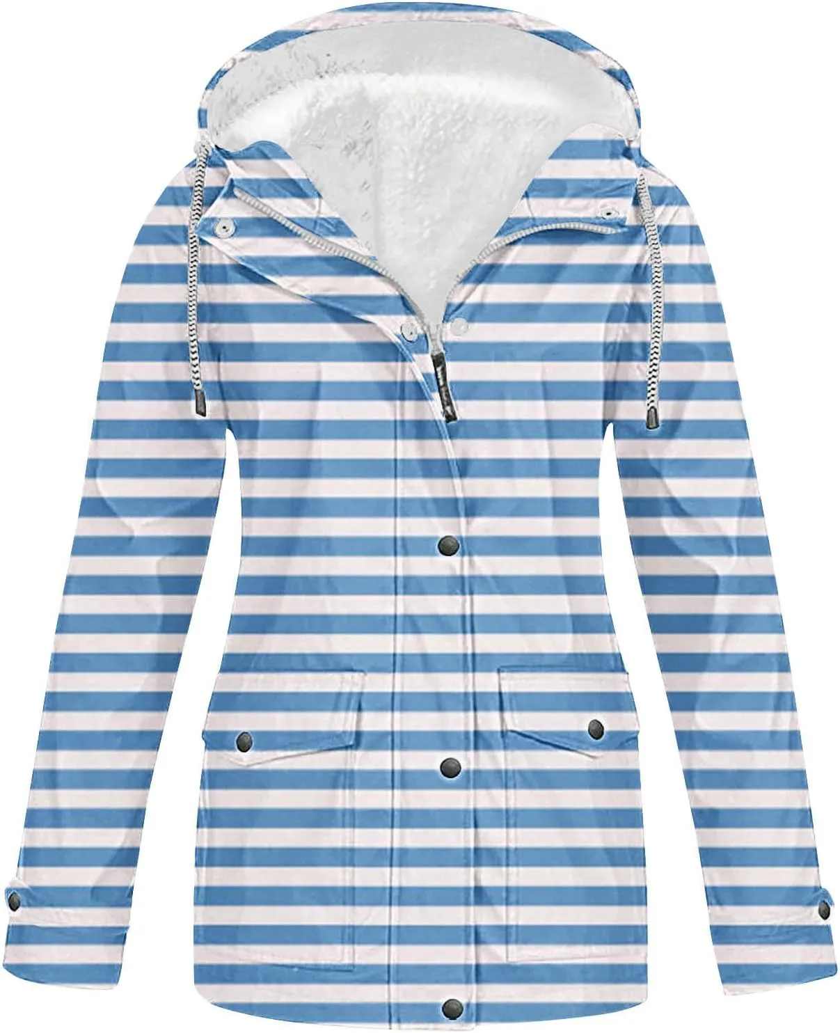 Lmdudan Rain Jacket for Women Plus Size Waterproof Outdoor Hooded Rain Coat Full Zip Travel Striped Fleece Lined Windbreaker