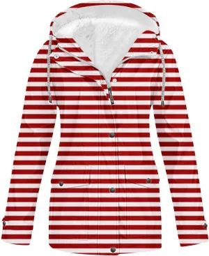Lmdudan Rain Jacket for Women Plus Size Waterproof Outdoor Hooded Rain Coat Full Zip Travel Striped Fleece Lined Windbreaker