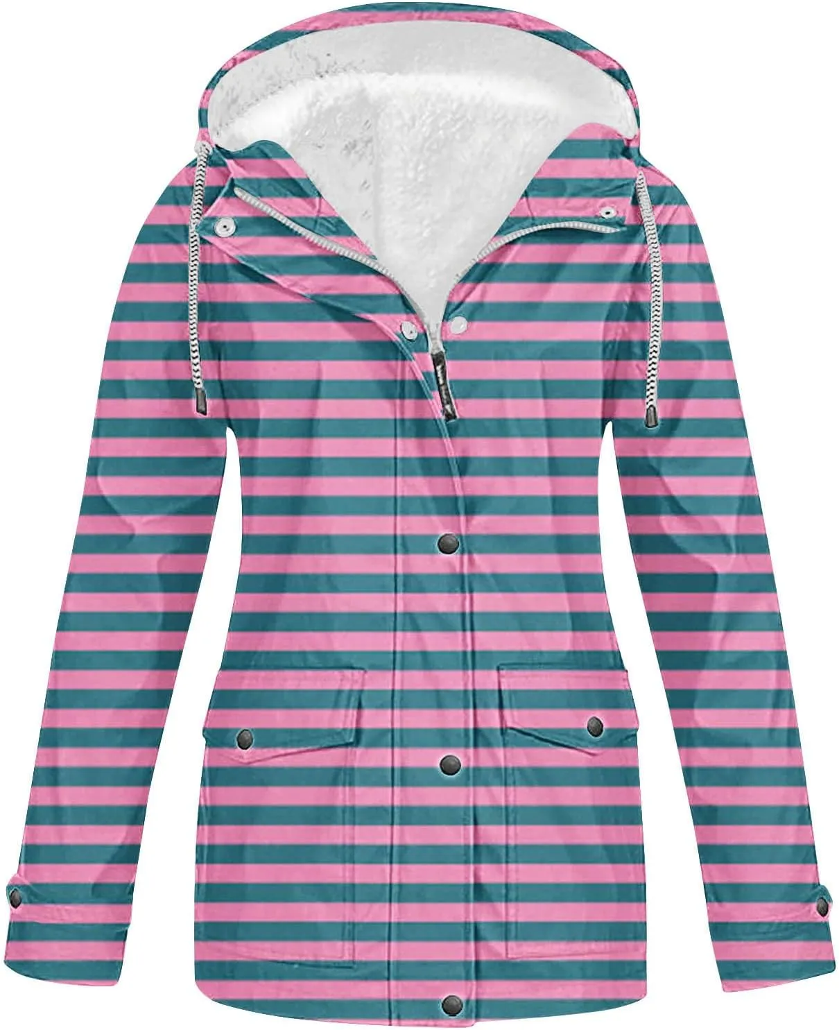 Lmdudan Rain Jacket for Women Plus Size Waterproof Outdoor Hooded Rain Coat Full Zip Travel Striped Fleece Lined Windbreaker