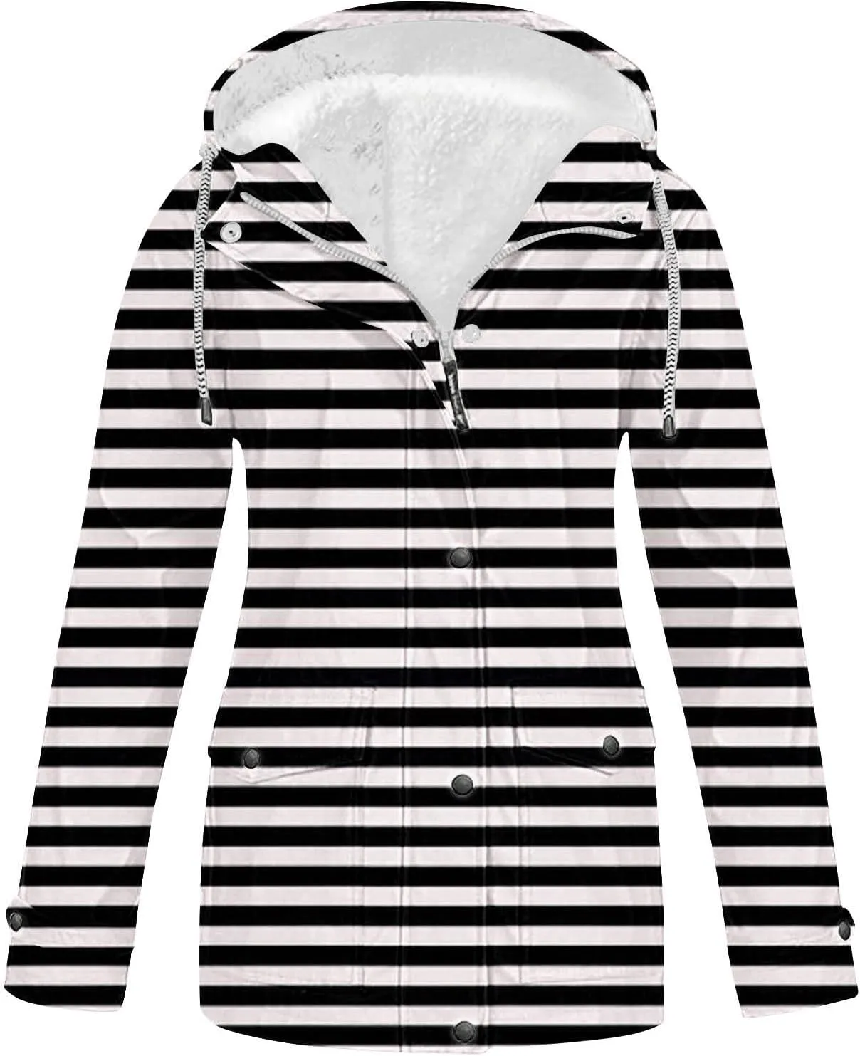 Lmdudan Rain Jacket for Women Plus Size Waterproof Outdoor Hooded Rain Coat Full Zip Travel Striped Fleece Lined Windbreaker