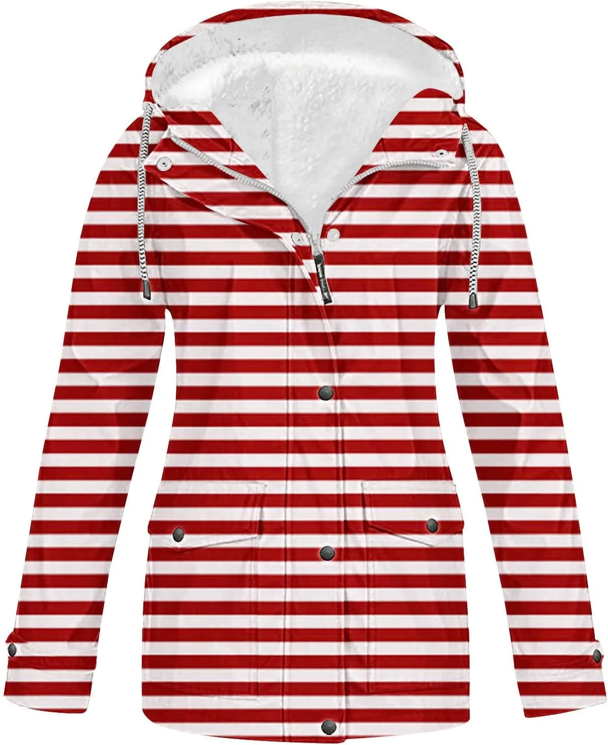 Lmdudan Rain Jacket for Women Plus Size Waterproof Outdoor Hooded Rain Coat Full Zip Travel Striped Fleece Lined Windbreaker