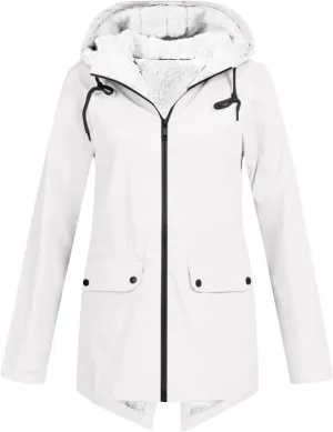 Lmdudan Rain Jacket for Womens Waterproof with Hood Fleece Solid Color Lined Raincoat Lightweight Outdoor Windbreaker Jackets