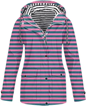 Lmdudan Waterproof Rain Jacket Women Lightweight Zip Up Long Hooded Raincoat Outdoor Windbreaker Striped Trench Coats 2024