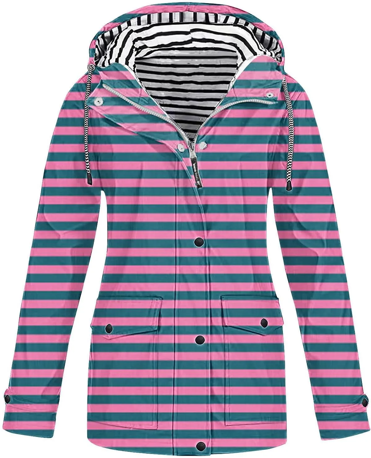 Lmdudan Waterproof Rain Jacket Women Lightweight Zip Up Long Hooded Raincoat Outdoor Windbreaker Striped Trench Coats 2024