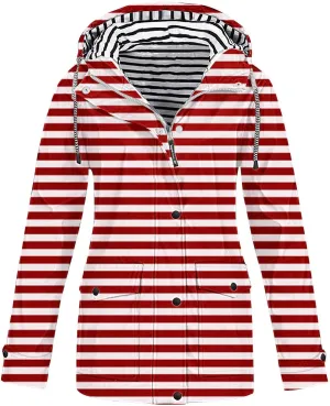 Lmdudan Waterproof Rain Jacket Women Lightweight Zip Up Long Hooded Raincoat Outdoor Windbreaker Striped Trench Coats 2024