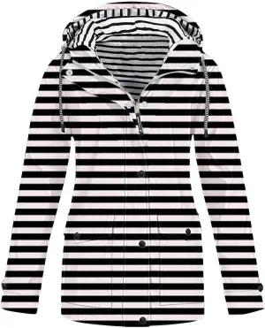 Lmdudan Waterproof Rain Jacket Women Lightweight Zip Up Long Hooded Raincoat Outdoor Windbreaker Striped Trench Coats 2024