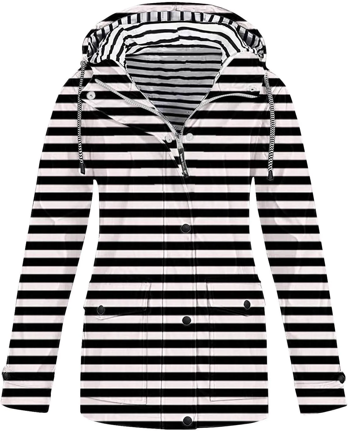 Lmdudan Waterproof Rain Jacket Women Lightweight Zip Up Long Hooded Raincoat Outdoor Windbreaker Striped Trench Coats 2024
