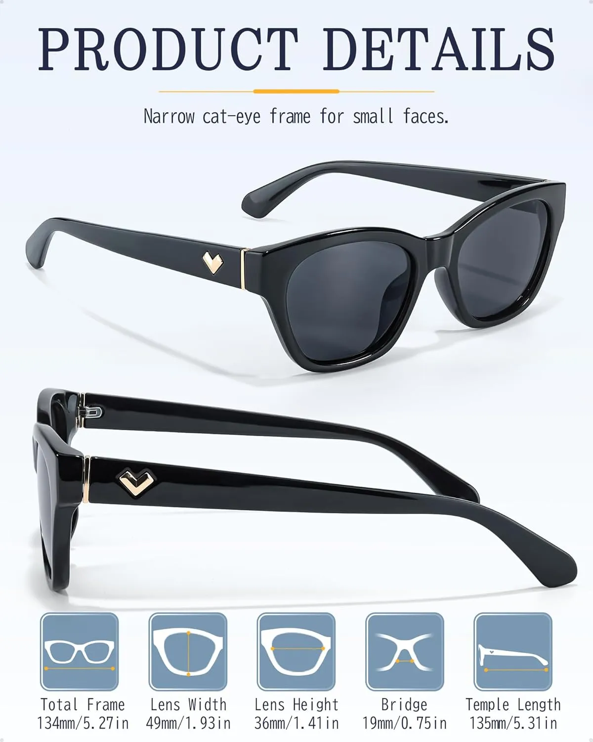 LVIOE Narrow Polarized Sunglasses for Women Trendy Classic Cat Eye Sun Glasses for Small Face Women with UV400 Protection
