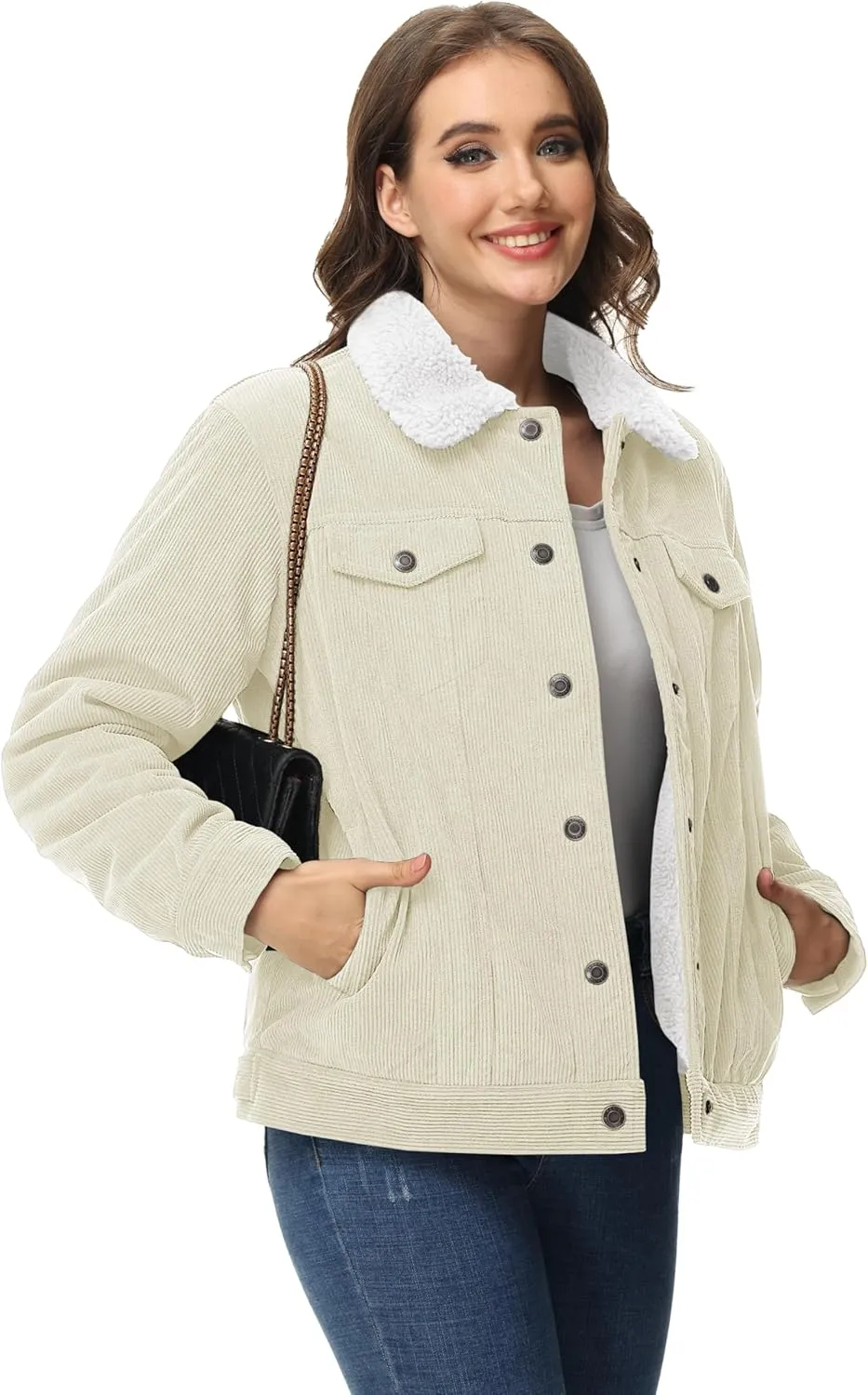 MAGCOMSEN Women's Corduroy Jacket Sherpa Fleece Lined Warm Winter Coat Button Down Casual Jacket with Pockets