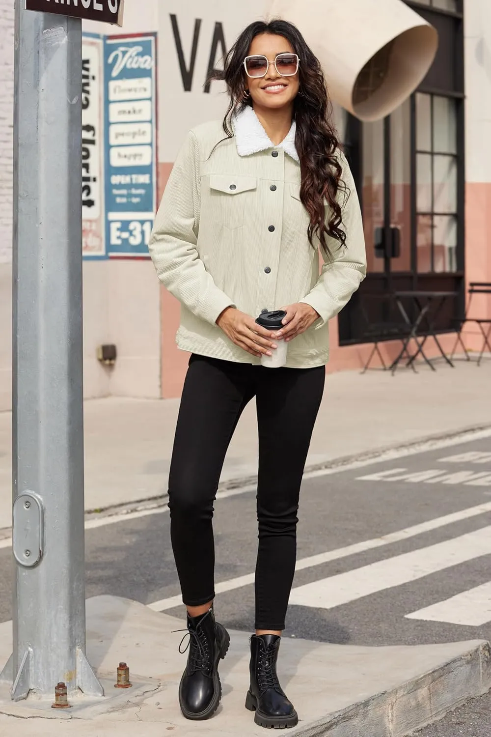 MAGCOMSEN Women's Corduroy Jacket Sherpa Fleece Lined Warm Winter Coat Button Down Casual Jacket with Pockets