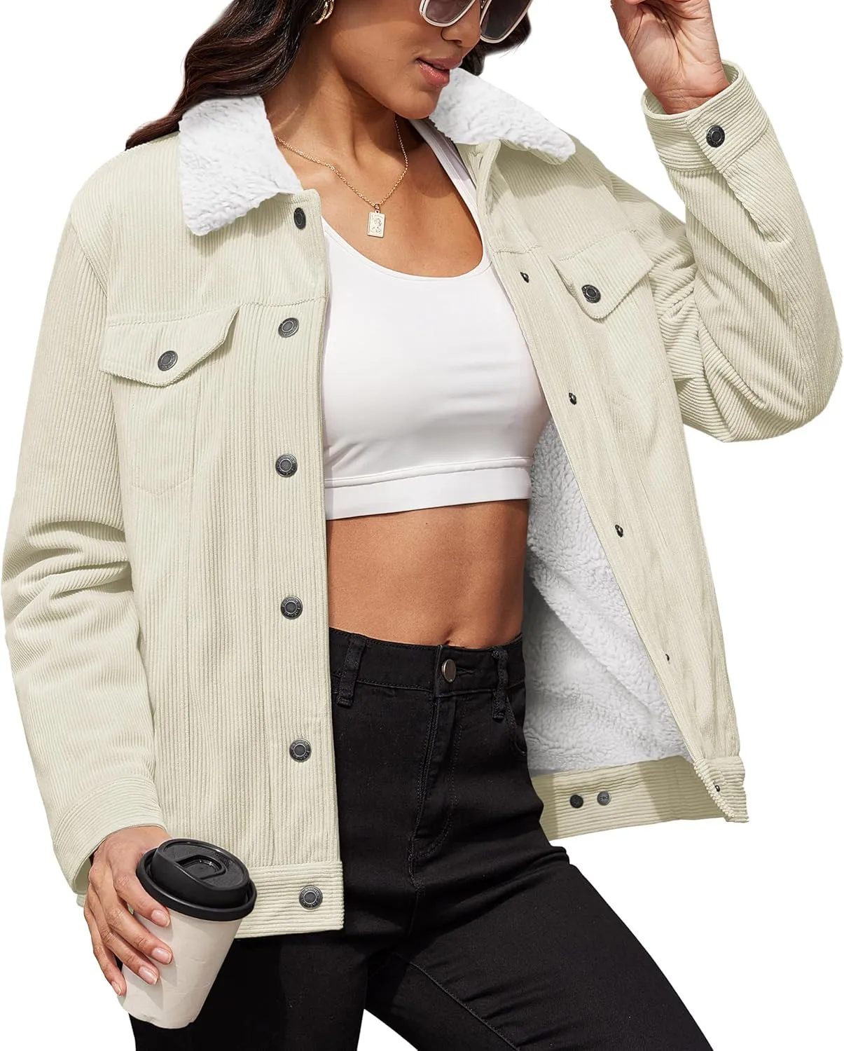 MAGCOMSEN Women's Corduroy Jacket Sherpa Fleece Lined Warm Winter Coat Button Down Casual Jacket with Pockets