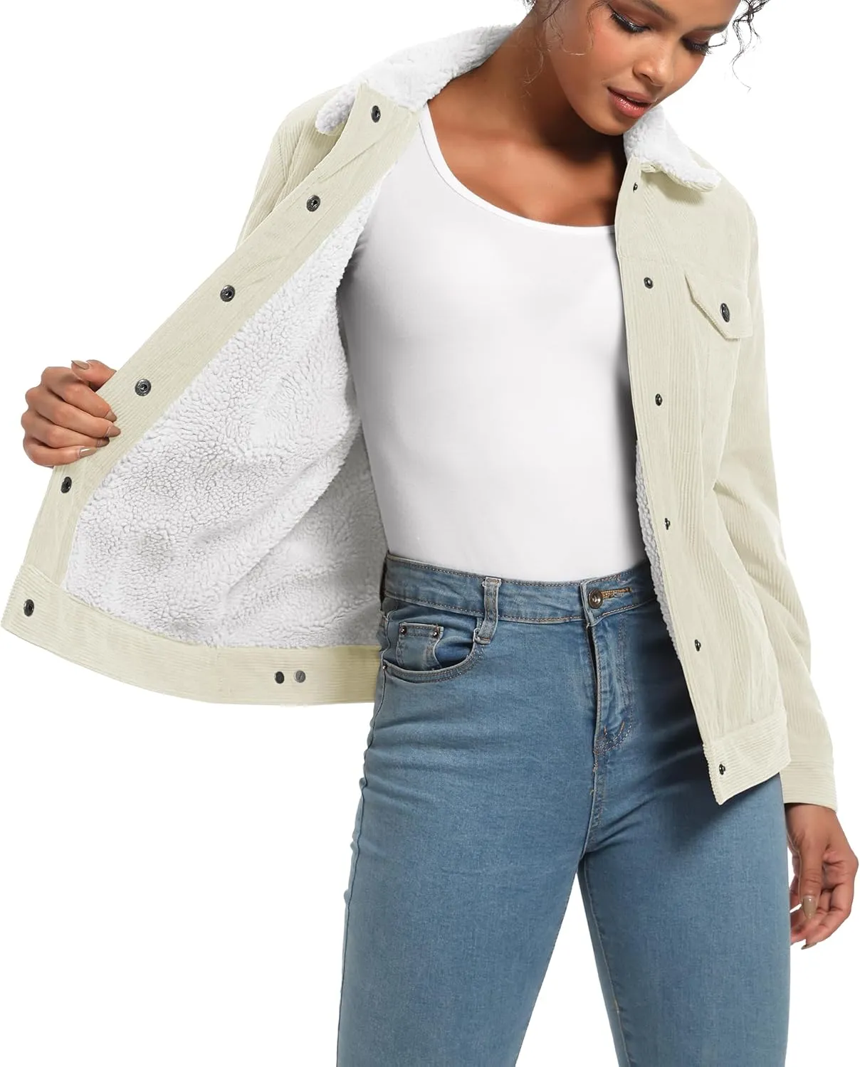 MAGCOMSEN Women's Corduroy Jacket Sherpa Fleece Lined Warm Winter Coat Button Down Casual Jacket with Pockets
