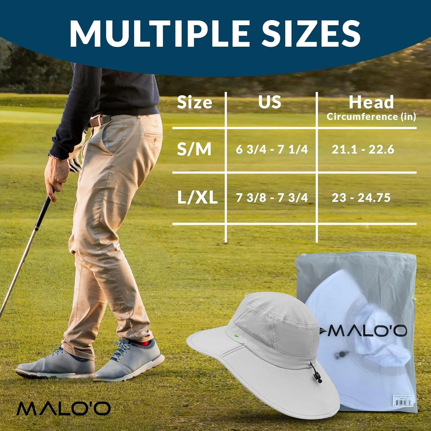 Malo'o Golf Hat with UPF 50  Protection, Adjustable Sizes, Comfortable Band, Anti-Glare Underbrim