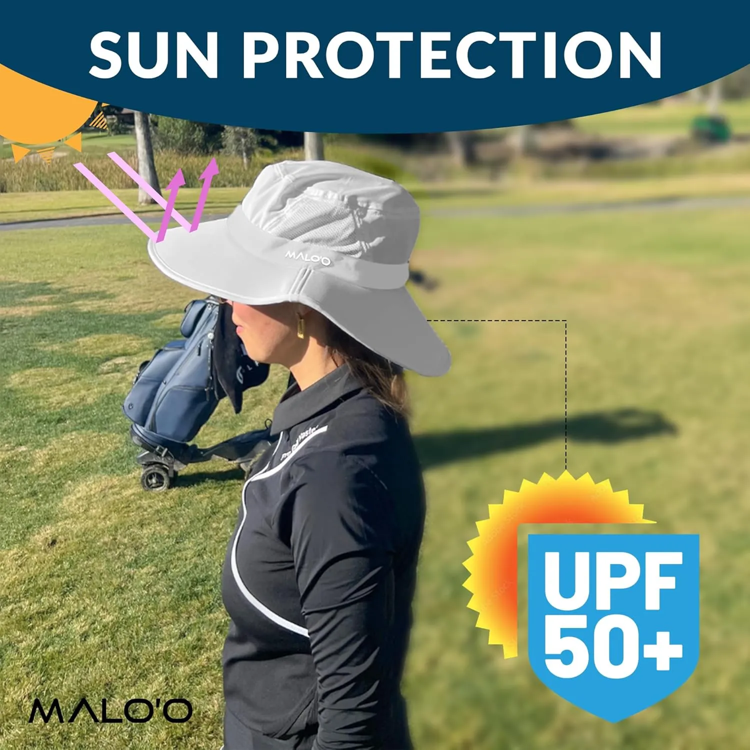 Malo'o Golf Hat with UPF 50  Protection, Adjustable Sizes, Comfortable Band, Anti-Glare Underbrim
