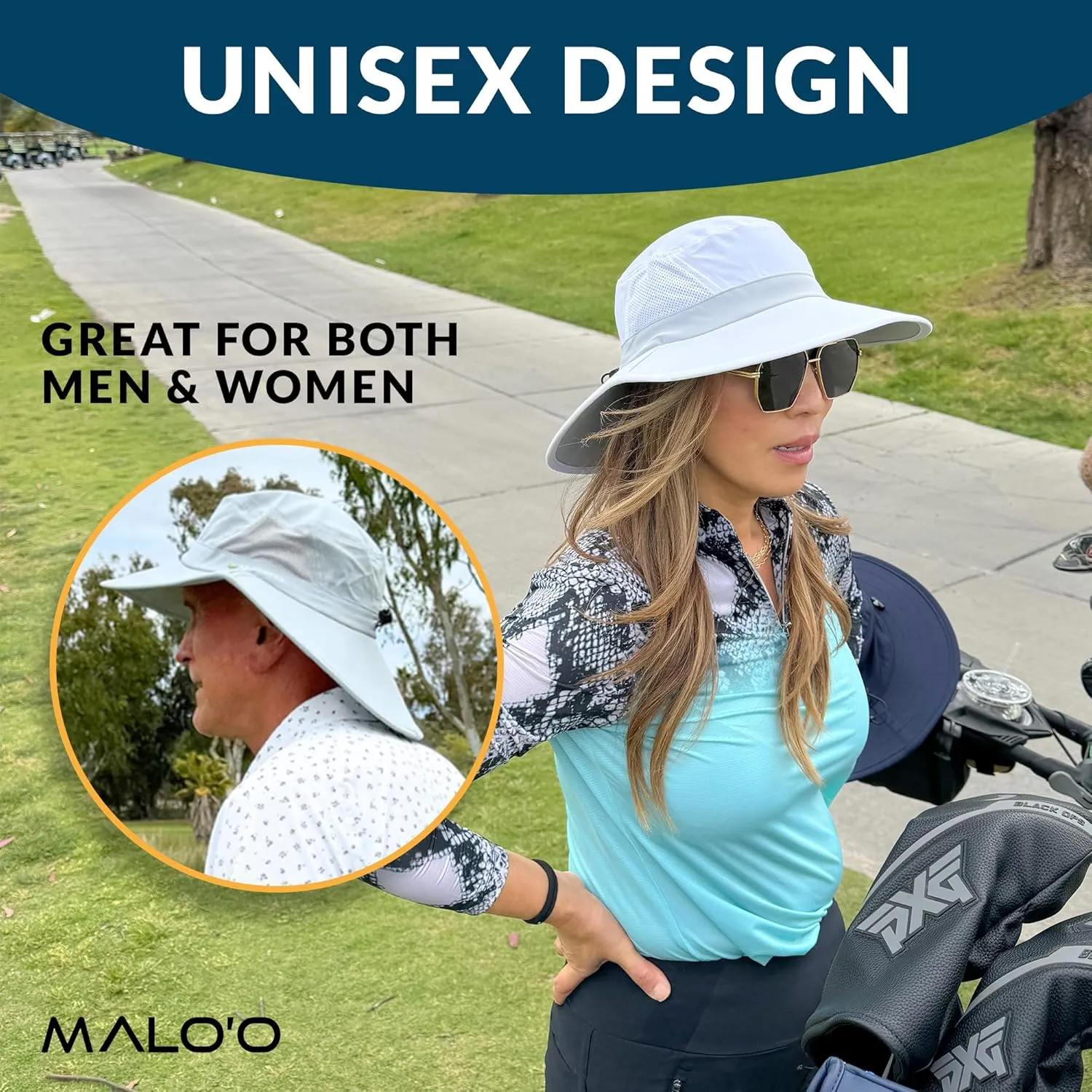 Malo'o Golf Hat with UPF 50  Protection, Adjustable Sizes, Comfortable Band, Anti-Glare Underbrim