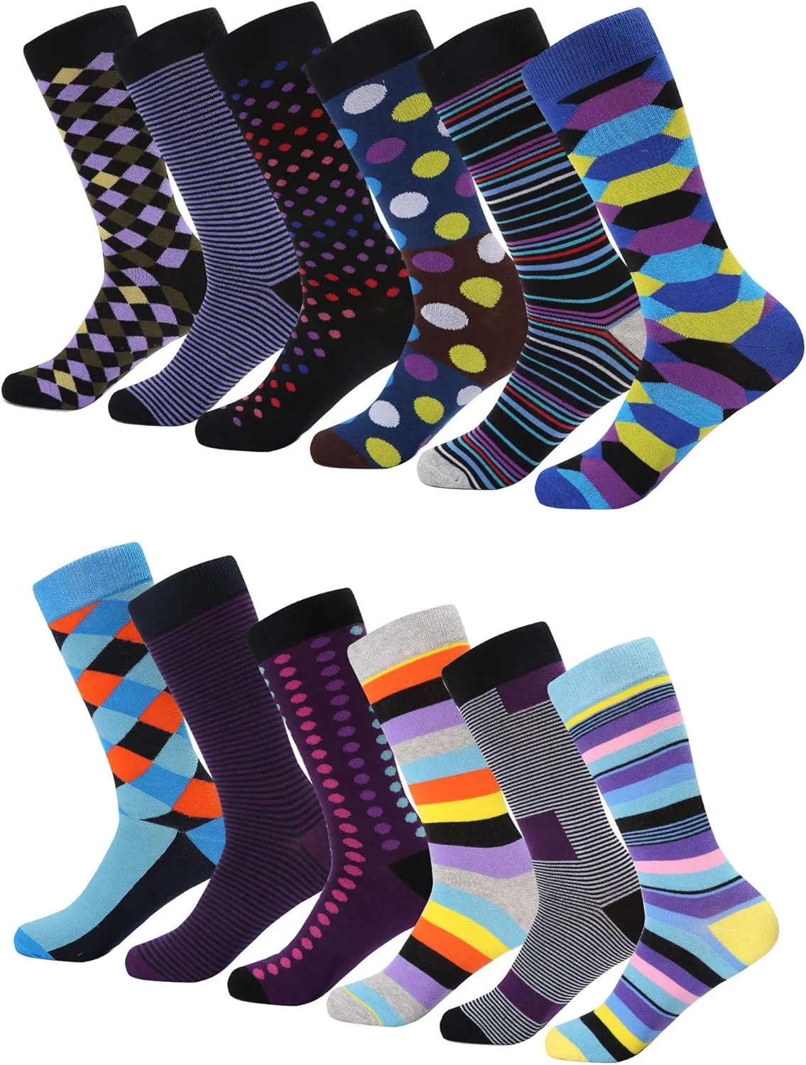 Marino Men's Dress Socks - Colorful Funky Socks for Men - Cotton Fashion Patterned Socks - 12 Pack