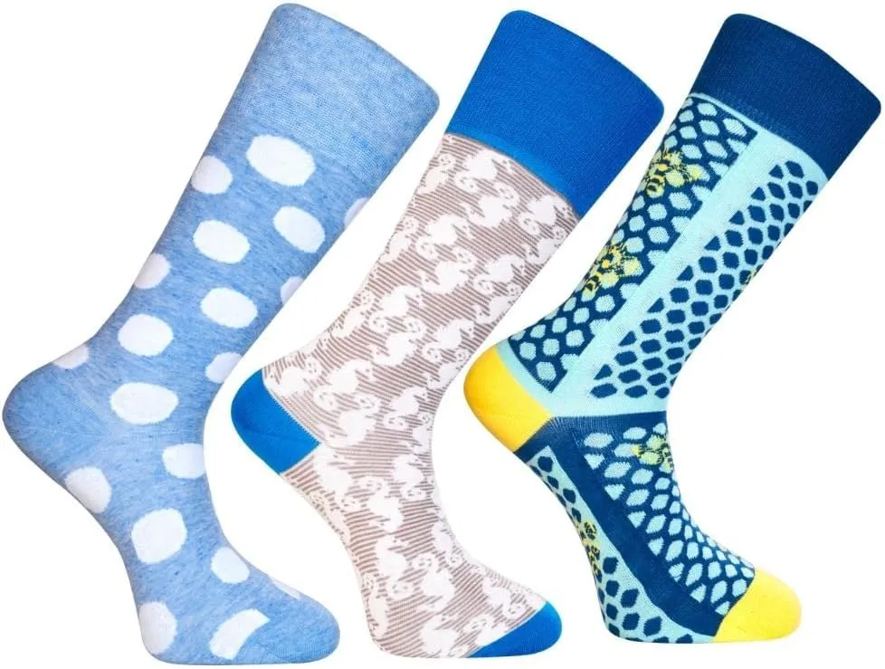 Men's Funky Dress Socks - Colorful Funky Business Casual Socks for Men - Organic Cotton Patterned Socks - 3 Pack