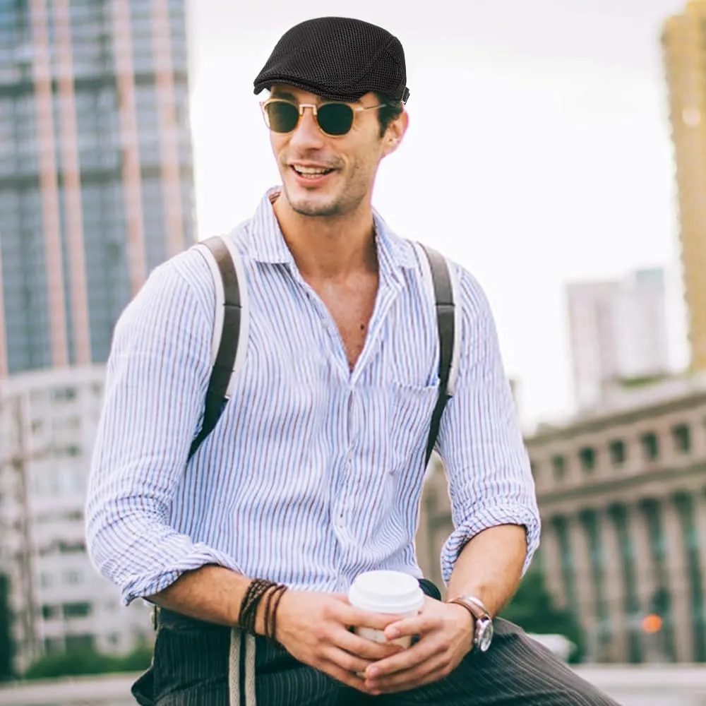 Men's Mesh Cap Breathable Summer Newsboy Hat Adjustable Beret Ivy Cap Irish Cabbie Driving Hunting Hats