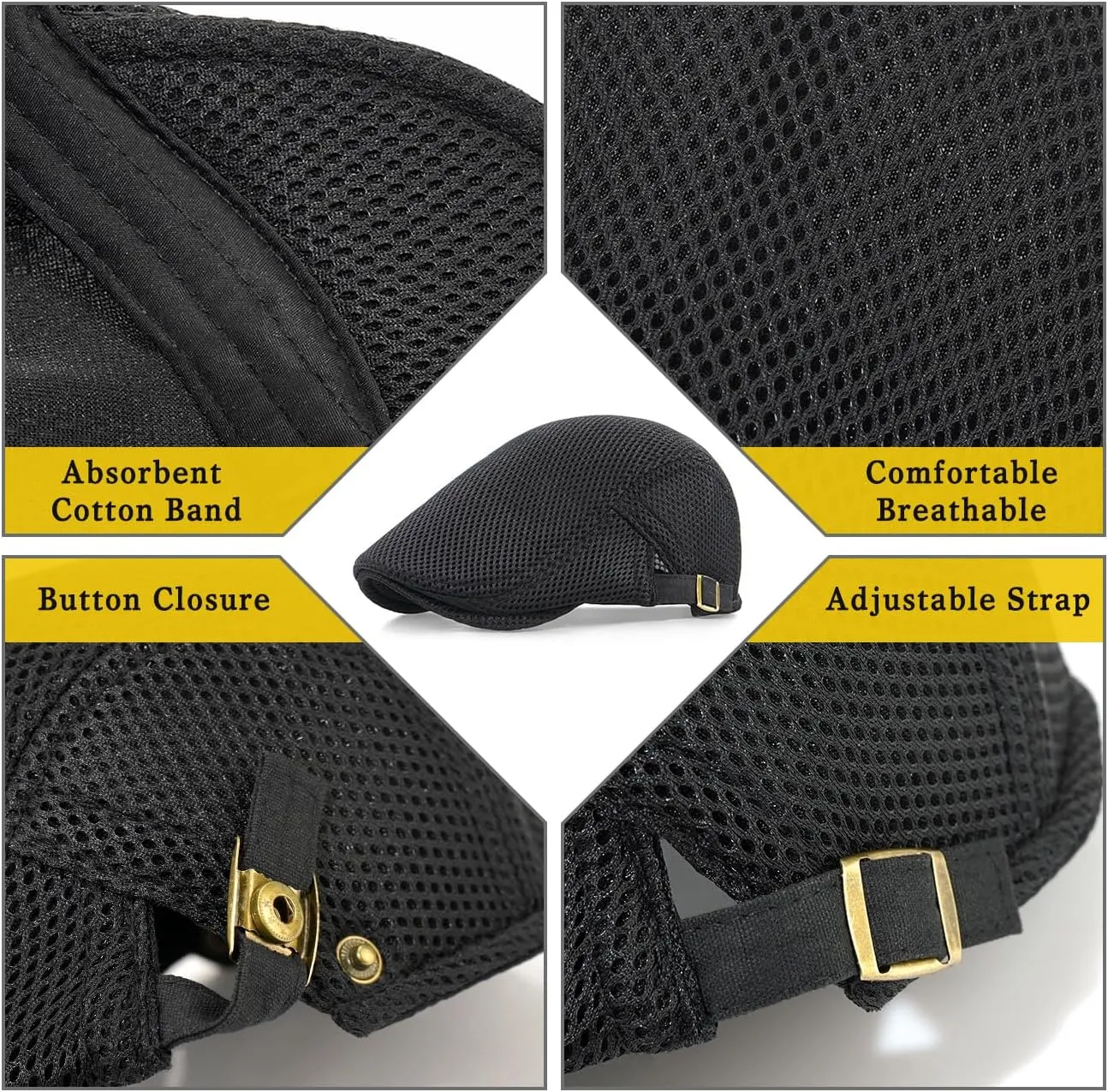 Men's Mesh Cap Breathable Summer Newsboy Hat Adjustable Beret Ivy Cap Irish Cabbie Driving Hunting Hats