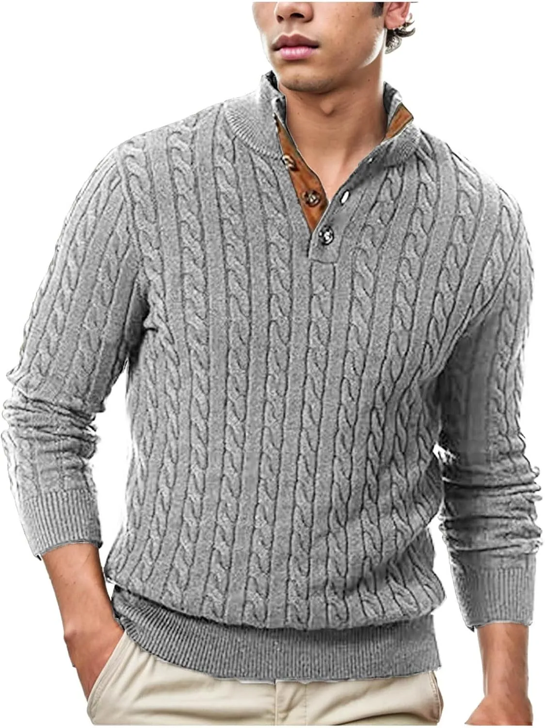 Men's Outdoor Casual Stand Cashmere Button Long Sleeve Sweater, Men Casual Long Sleeve 1/4 Button Pullover Sweaters